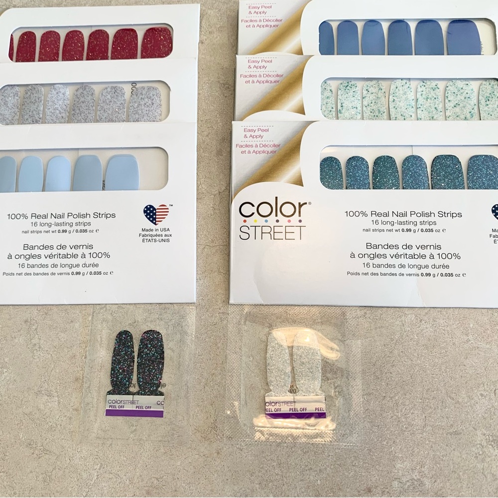 NEW SEALED Lot of 6 Color Street 100% Real Nail Polish Strips + 2 Free Accents